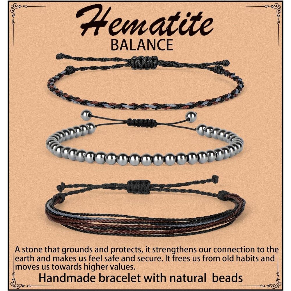 Handcrafted Waterproof Rope Bracelet: Hematite Healing for 6.5-8.5 Inch Wrists